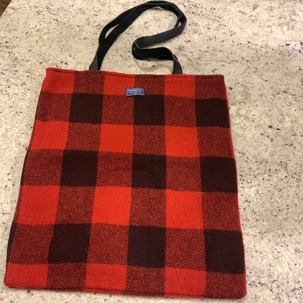 Faribault Woolen Mills Wool Checkered Tote Bag. Red/black large square pattern